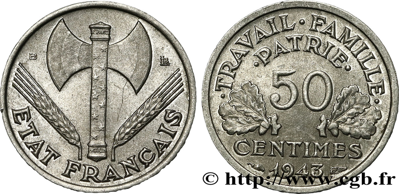 50 centimes Francisque, légère 1943 Beaumont-Le-Roger F.196/3 SUP55 
