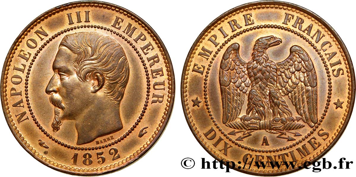 Dix centimes Napoléon III, tête nue 1852 Paris F.133/1 SPL55 