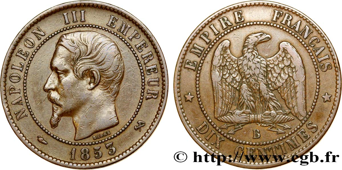 Dix centimes Napoléon III, tête nue 1853 Rouen F.133/3 XF45 