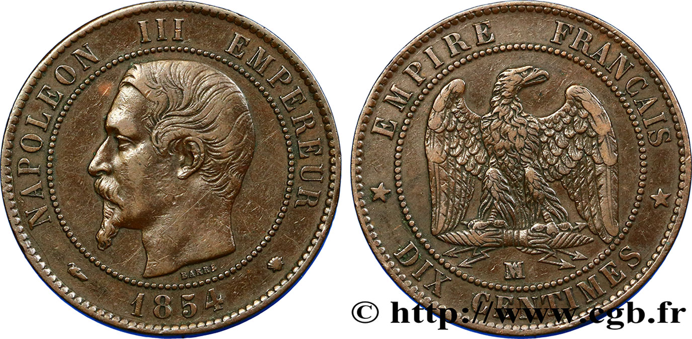 Dix centimes Napoléon III, tête nue 1854 Marseille F.133/17 XF48