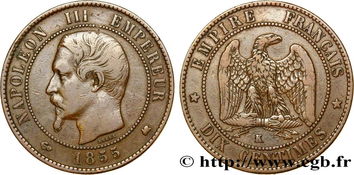 Dix centimes Napoléon III, tête nue 1855 Bordeaux F.133/29 XF42 