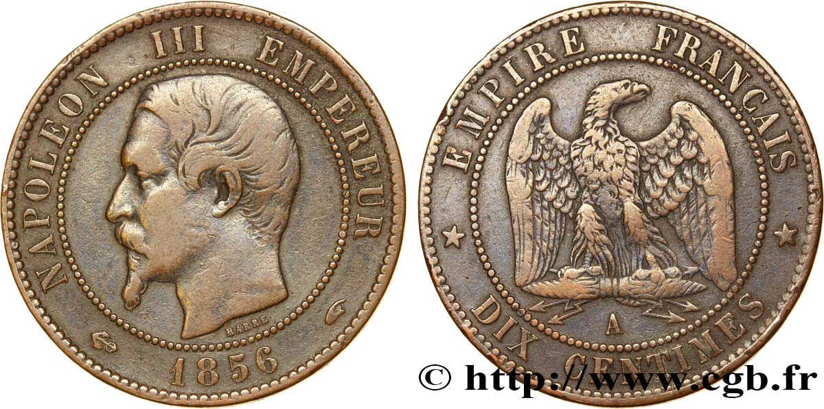Dix centimes Napoléon III, tête nue 1856 Paris F.133/34 TB35 