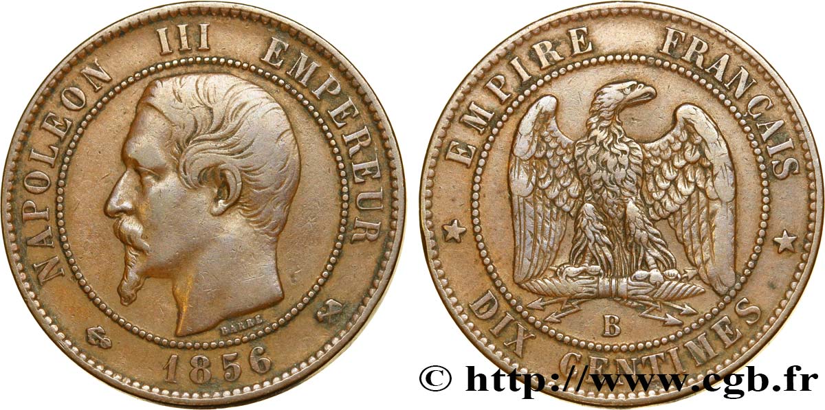 Dix centimes Napoléon III, tête nue 1856 Rouen F.133/35 XF40 