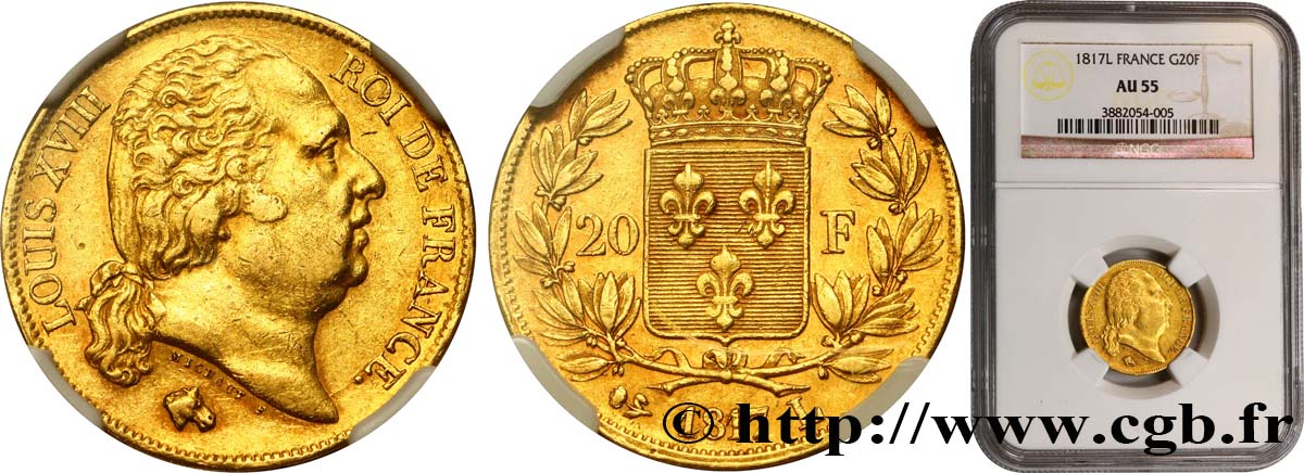 20 francs or Louis XVIII, tête nue 1817 Bayonne F.519/7 AU55 NGC