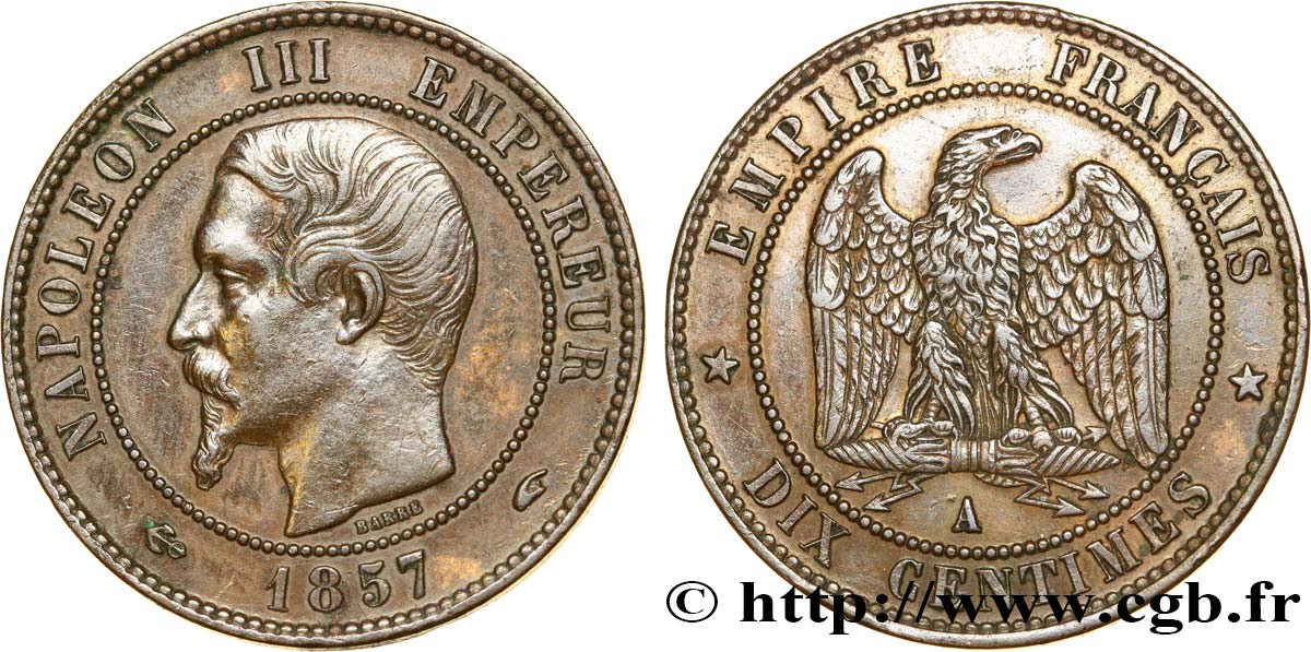 Dix centimes Napoléon III, tête nue 1857 Paris F.133/41 TTB52 