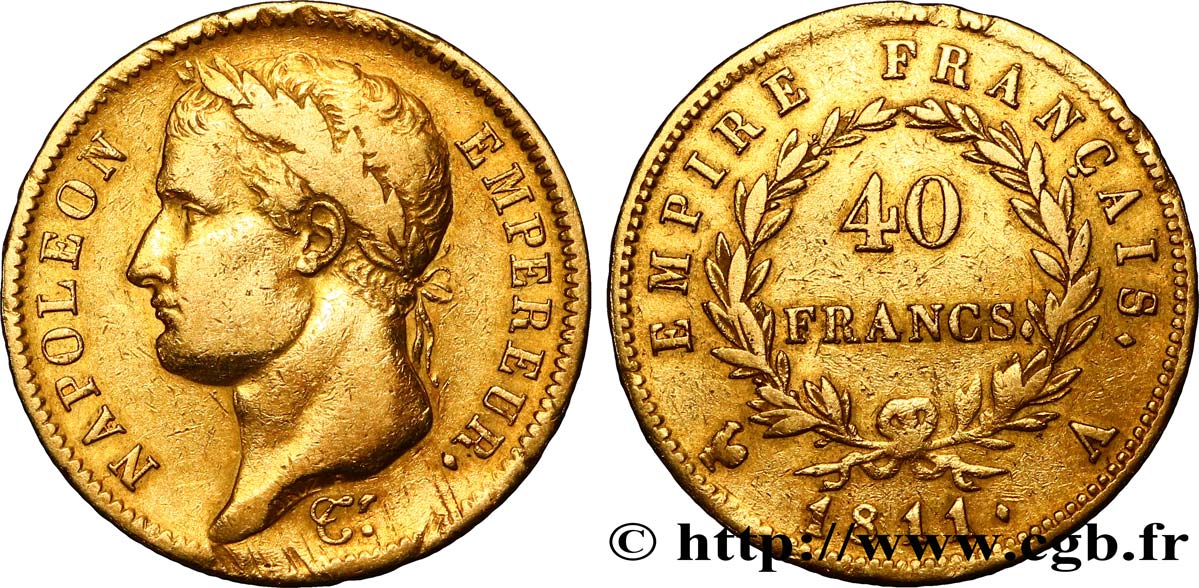 40 francs or Napoléon tête laurée, Empire français 1811 Paris F.541/6 XF45 