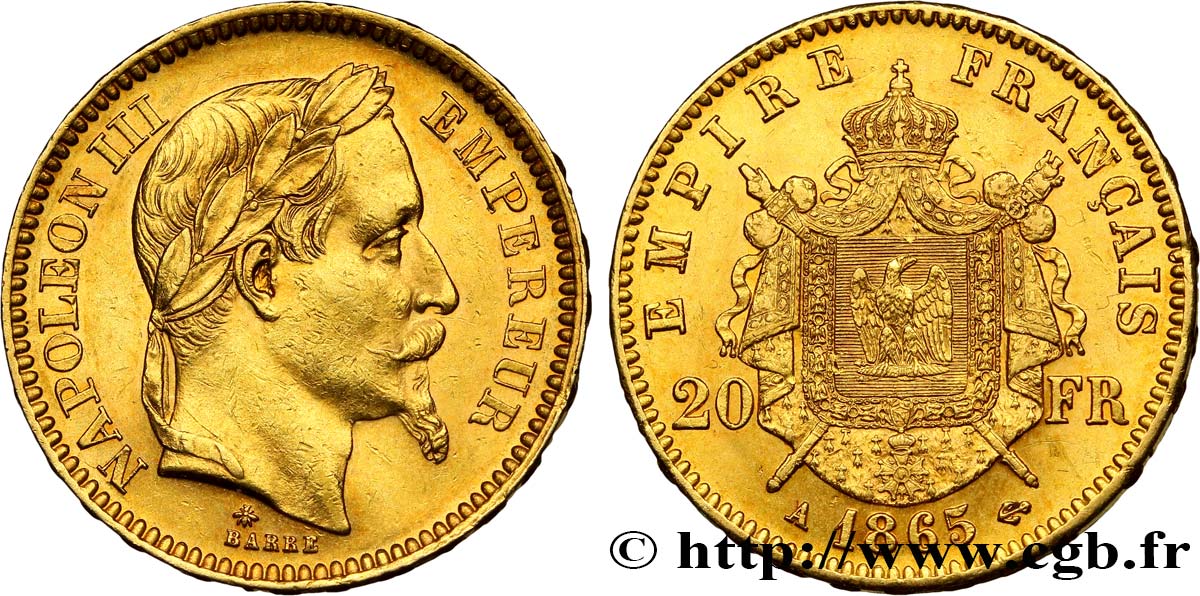 20 francs or Napoléon III, tête laurée 1865 Paris F.532/11 MBC52 