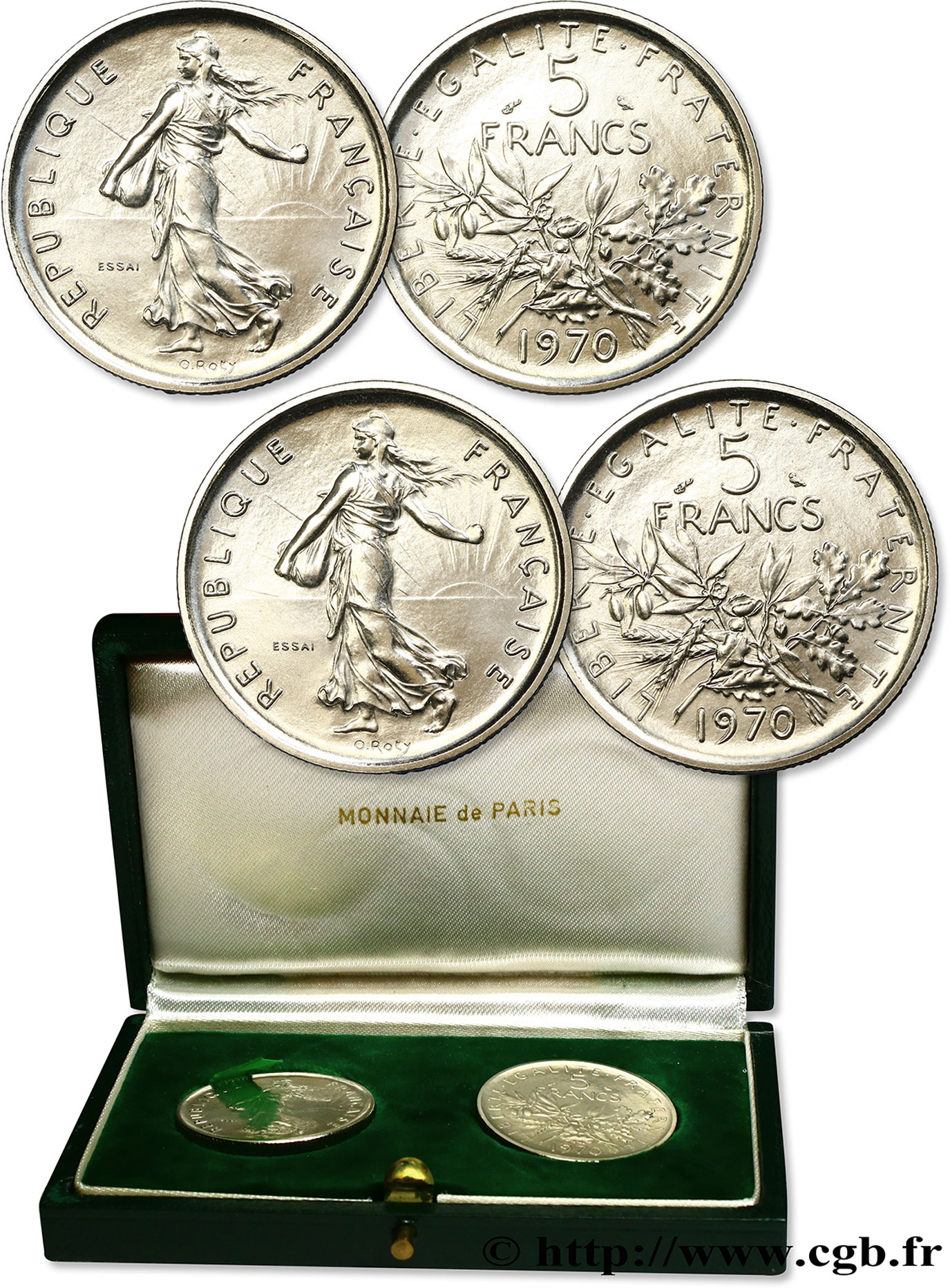 Boîte de présentation de deux essais de la 5 francs Semeuse, nickel 1970 Paris F.341/1 ST65 