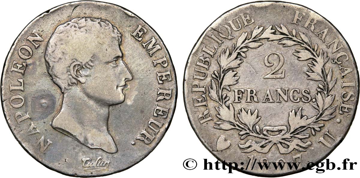 2 francs Napoléon Empereur, Calendrier grégorien 1807 Turin F.252/15 TB20 