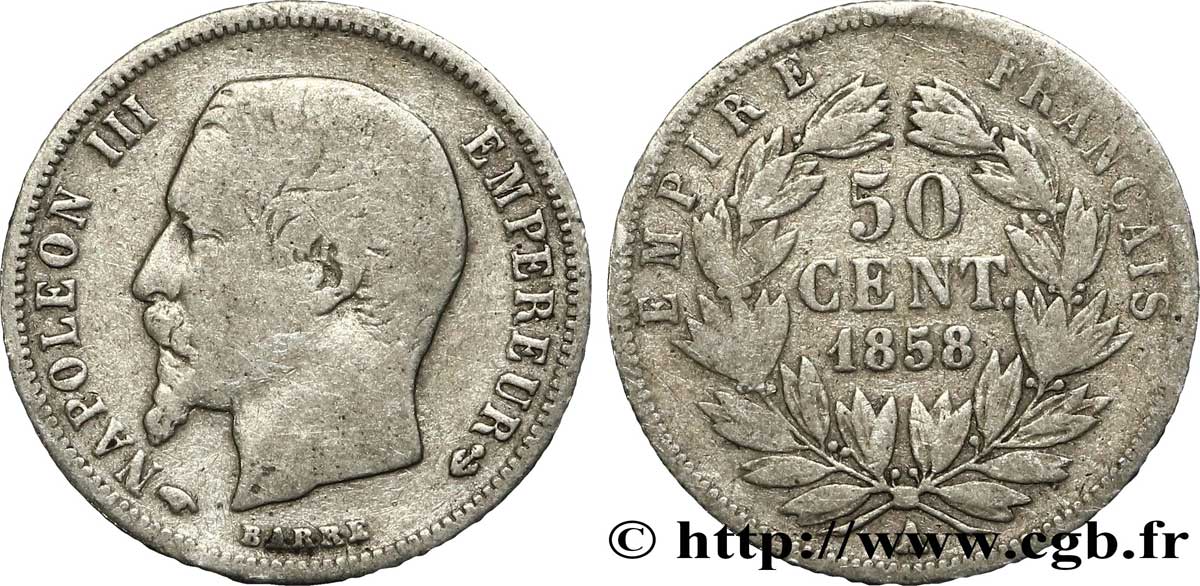 50 centimes Napoléon III, tête nue 1858 Paris F.187/9 TB15 