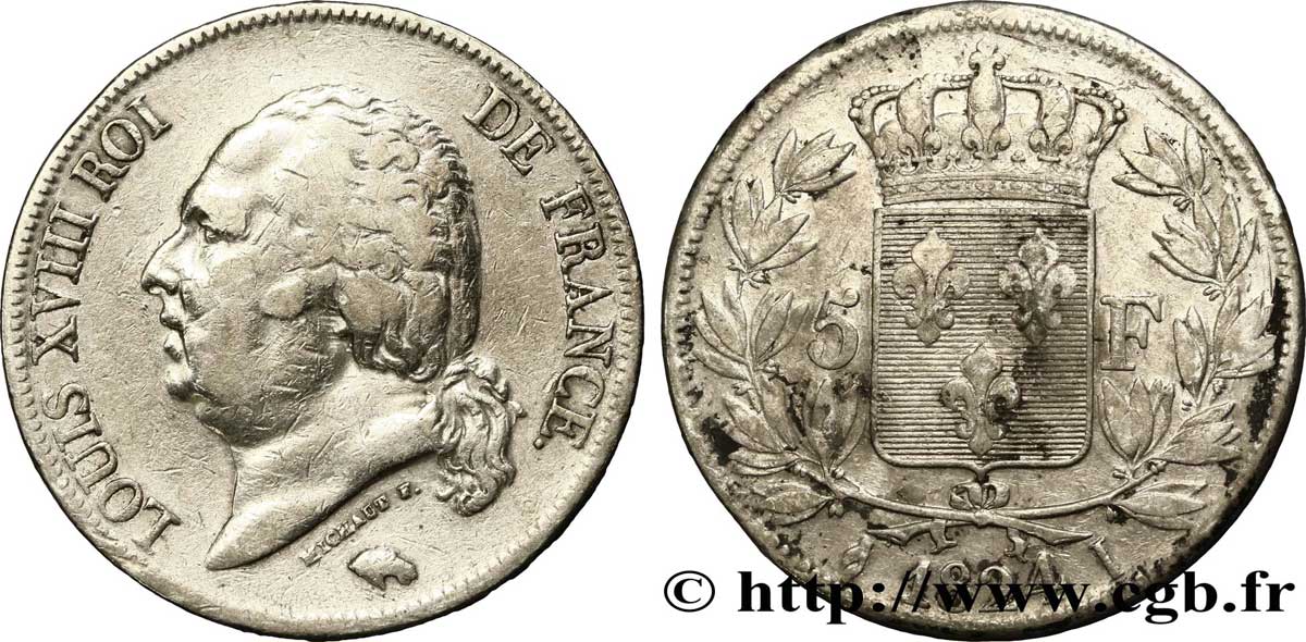 5 francs Louis XVIII, tête nue 1824 Limoges F.309/92 VF20 