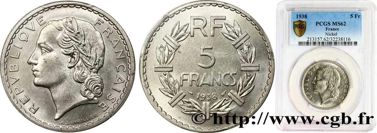 5 francs Lavrillier, nickel 1938  F.336/7 MS62 PCGS