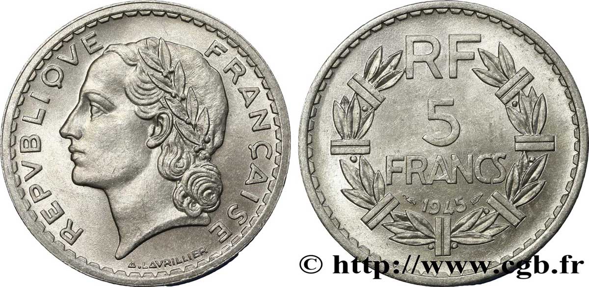 5 francs Lavrillier, aluminium, 9 ouvert 1945  F.339/3 AU55 