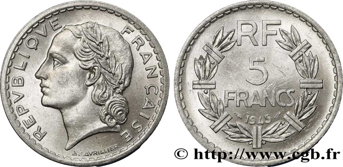 5 francs Lavrillier, aluminium, 9 ouvert 1945  F.339/3 SPL55 