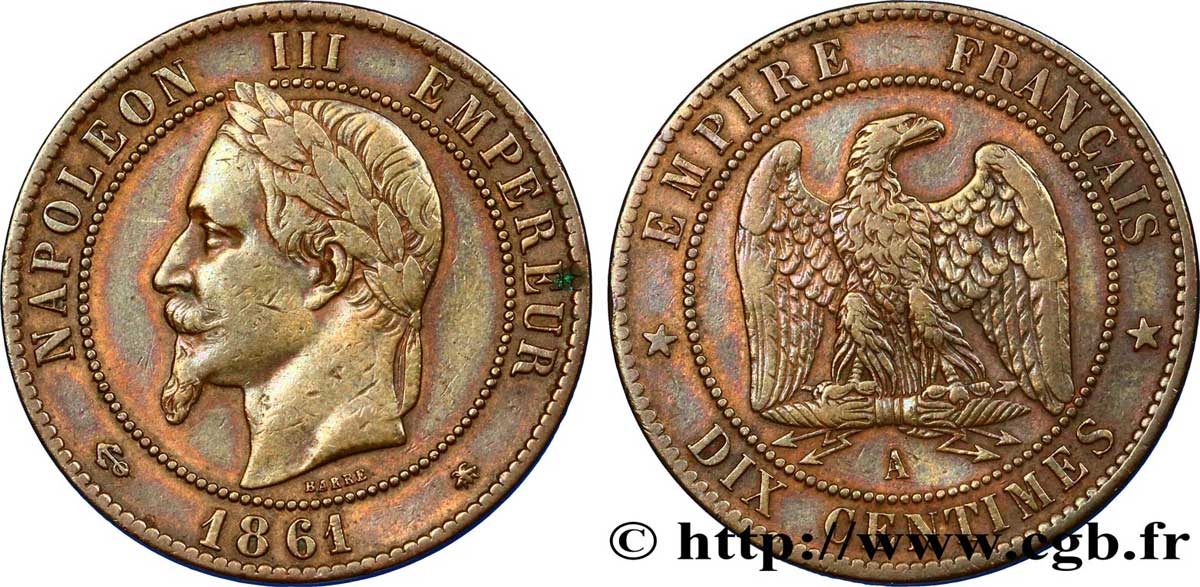 Dix centimes Napoléon III, tête laurée 1861 Paris F.134/4 XF42