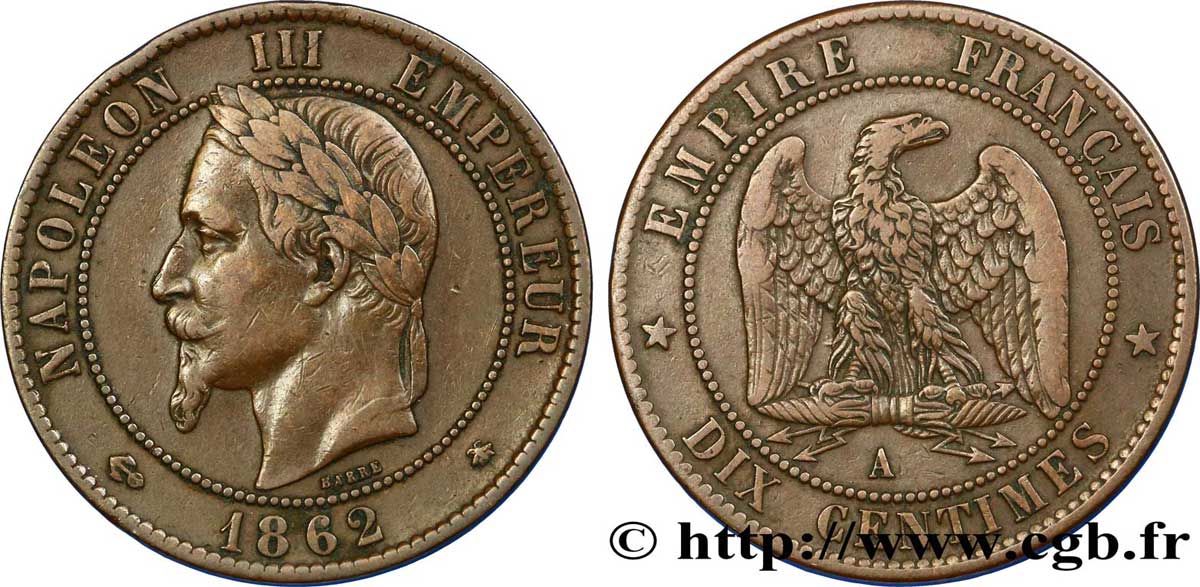 Dix centimes Napoléon III, tête laurée 1862 Paris F.134/7 MBC42 