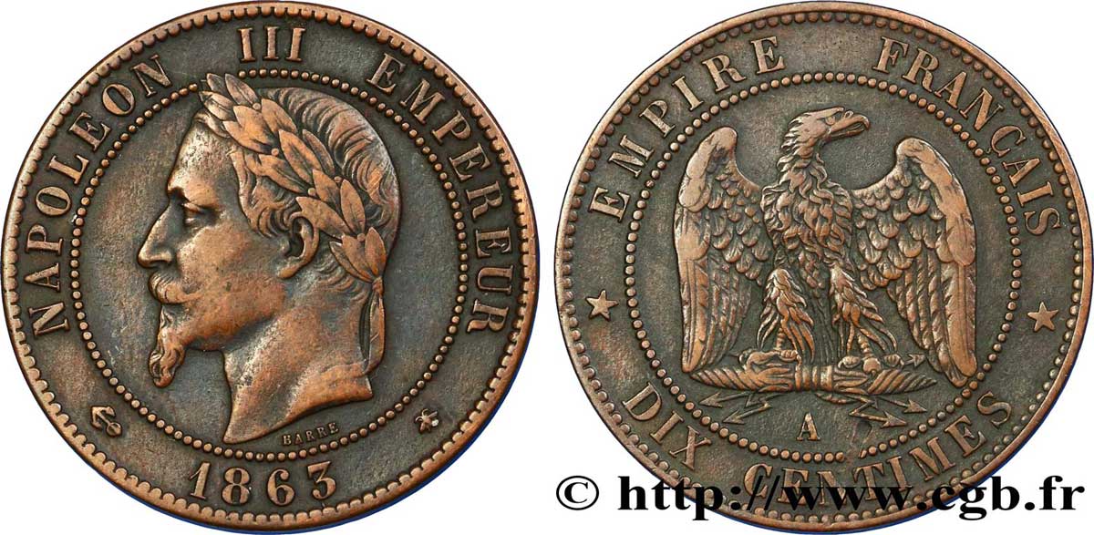 Dix centimes Napoléon III, tête laurée 1863 Paris F.134/10 TTB42