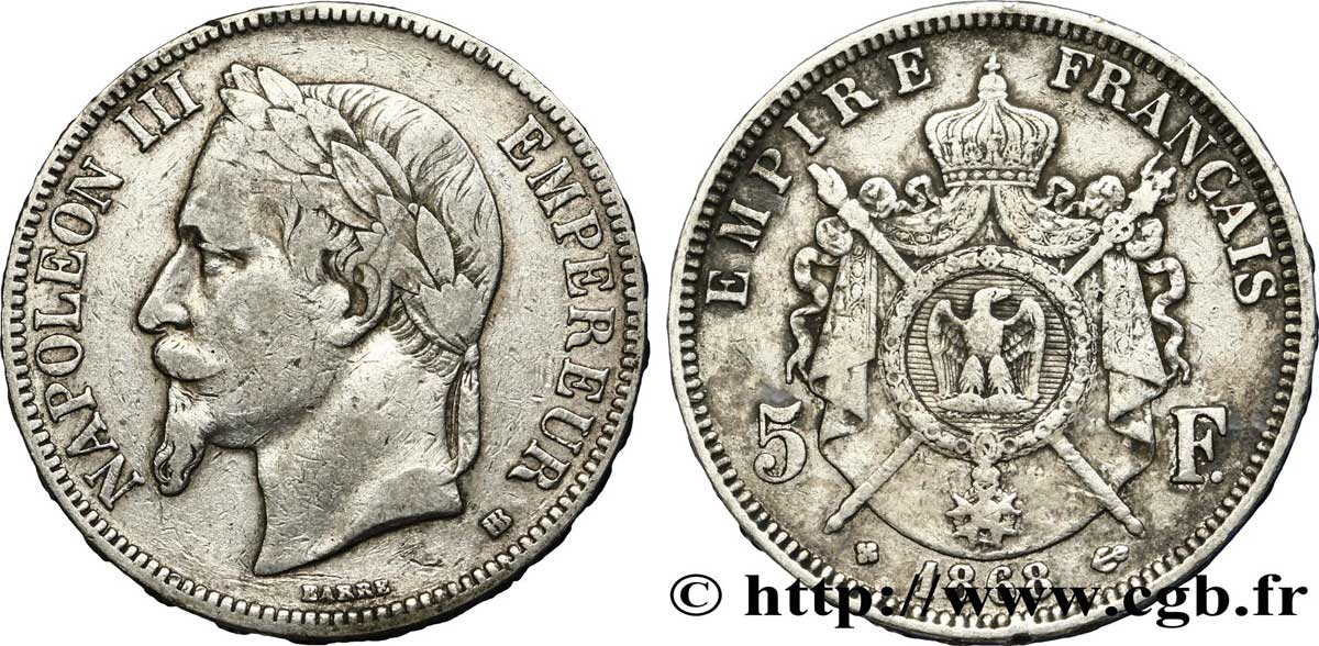 5 francs Napoléon III, tête laurée 1868 Strasbourg F.331/13 VF25
