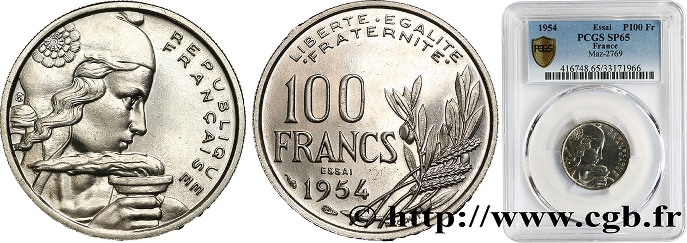 Essai de 100 francs Cochet 1954 Paris F.450/1 ST65 PCGS