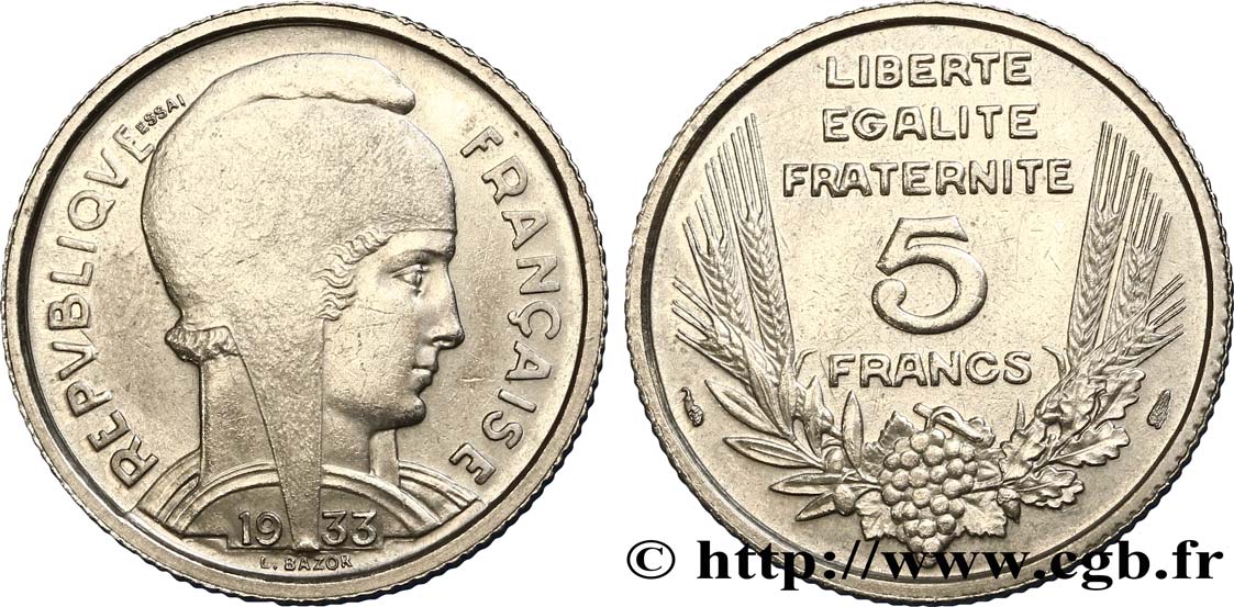 Essai de 5 francs Bazor en nickel 1933 Paris F.335/1 SUP55 