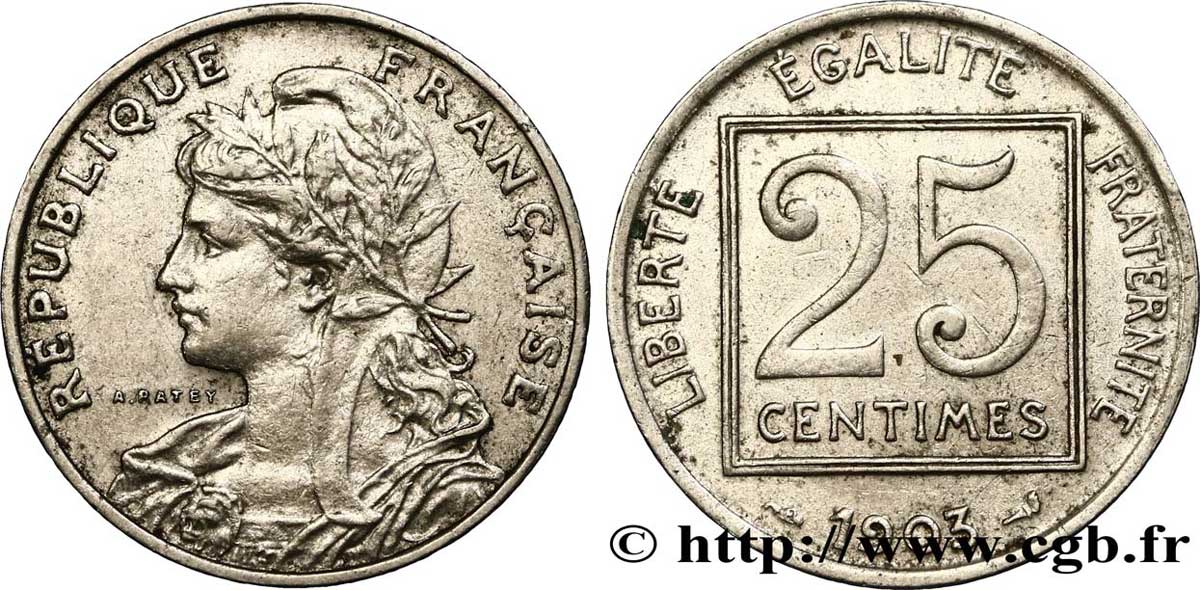 25 centimes Patey, 1er type, axe à 2h 1903  F.168/3 TTB50 