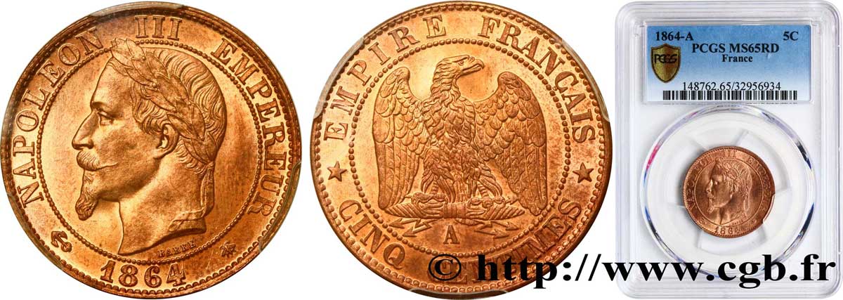 Cinq centimes Napoléon III, tête laurée 1864 Paris F.117/13 FDC65 PCGS