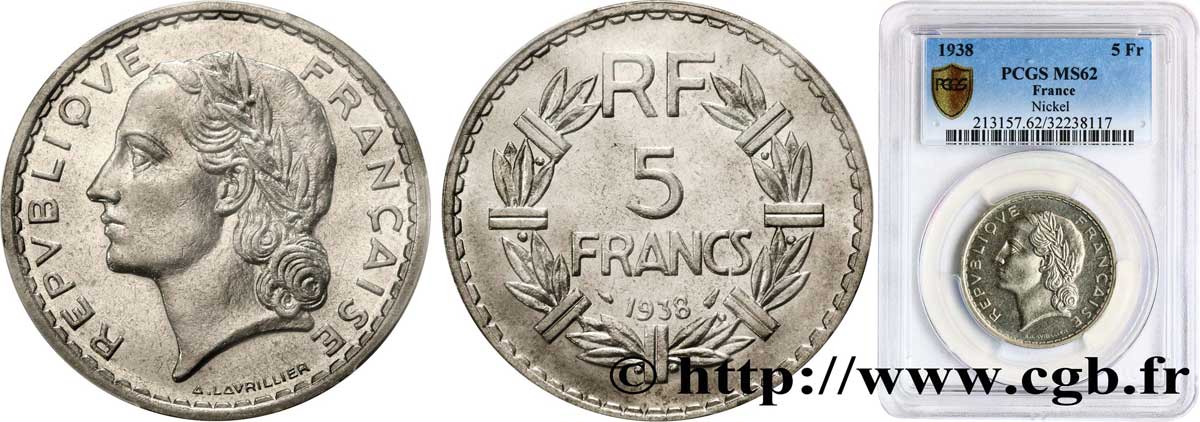 5 francs Lavrillier, nickel 1938  F.336/7 SUP62 PCGS