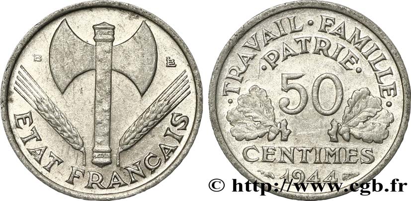 50 centimes Francisque, légère 1944 Beaumont-Le-Roger F.196/5 MBC52 