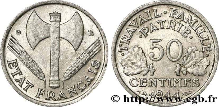 50 centimes Francisque, légère 1944 Beaumont-Le-Roger F.196/5 AU55