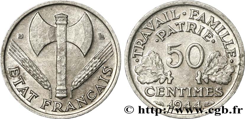 50 centimes Francisque, légère 1944 Beaumont-Le-Roger F.196/5 VZ58 