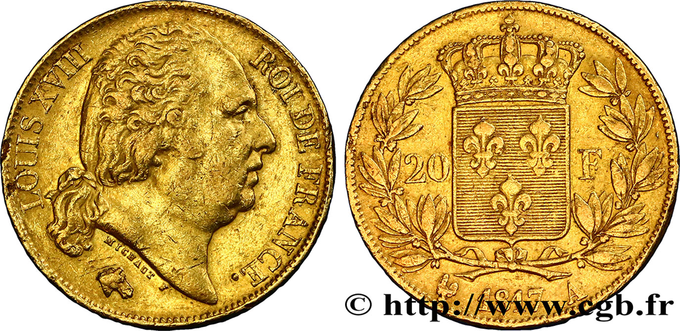20 francs or Louis XVIII, tête nue 1817 Paris F.519/5 SS42 