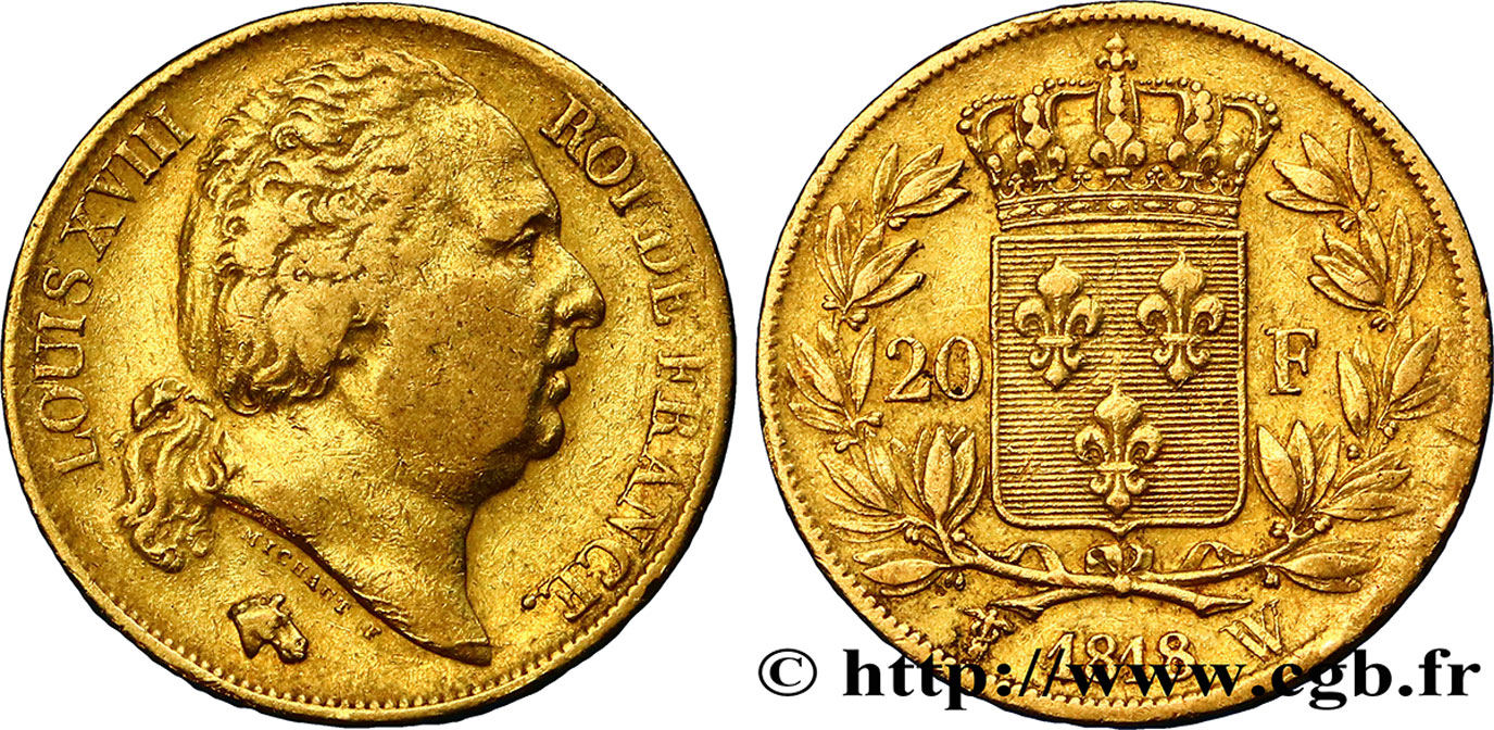 20 francs or Louis XVIII, tête nue 1818 Lille F.519/14 TB35 