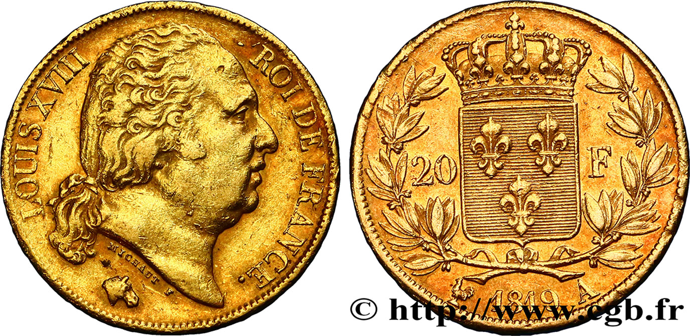 20 francs or Louis XVIII, tête nue 1819 Paris F.519/15 XF48