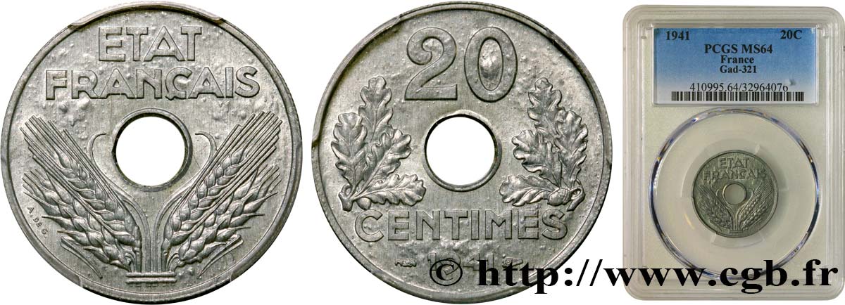 20 centimes État français, lourde 1941  F.153/2 MS64 PCGS