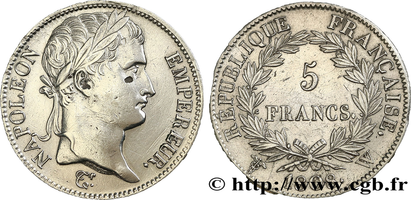 5 francs Napoléon Empereur, République française 1808 Lille F.306/15 AU50 