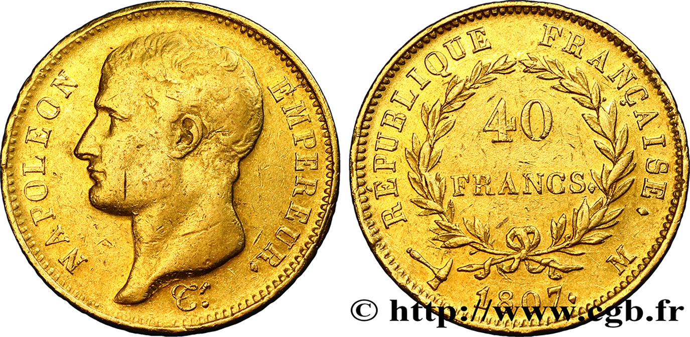 40 francs or Napoléon tête nue, type transitoire 1807 Toulouse F.539/3 XF48 