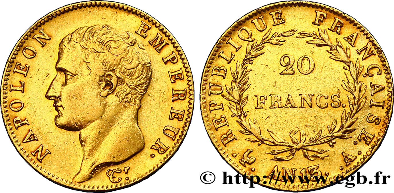 20 francs or Napoléon tête nue, Calendrier révolutionnaire 1805 Paris F.512/1 AU50 