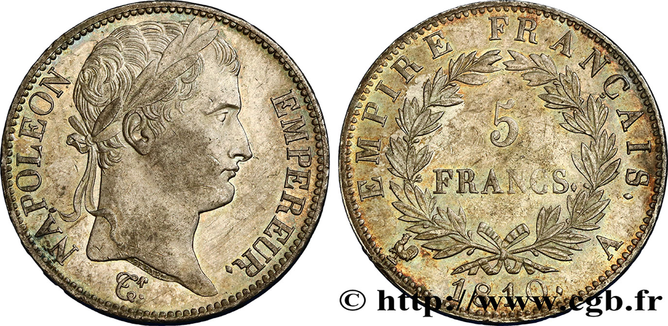 5 francs Napoléon Empereur, Empire français 1810 Paris F.307/14 AU58 