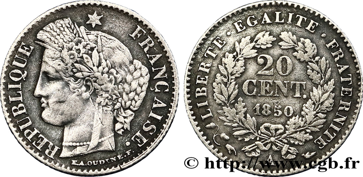 20 centimes Cérès, IIe République 1850 Paris F.146/2 TB35 
