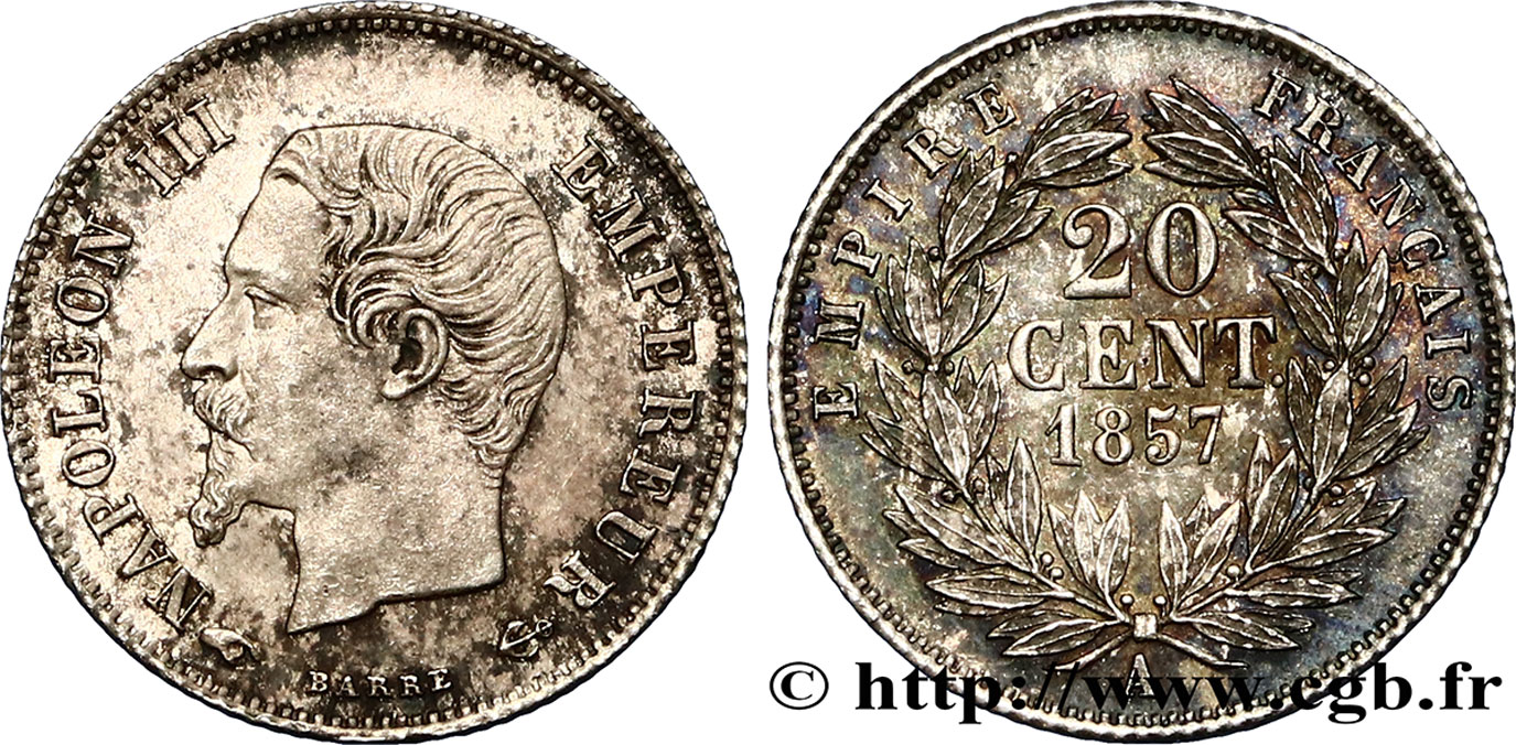 20 centimes Napoléon III, tête nue, Grands Différents 1857 Paris F.148/9 MBC52 