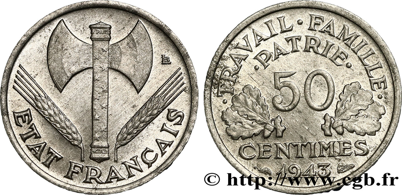 50 centimes Francisque, légère 1943  F.196/2 SUP55 