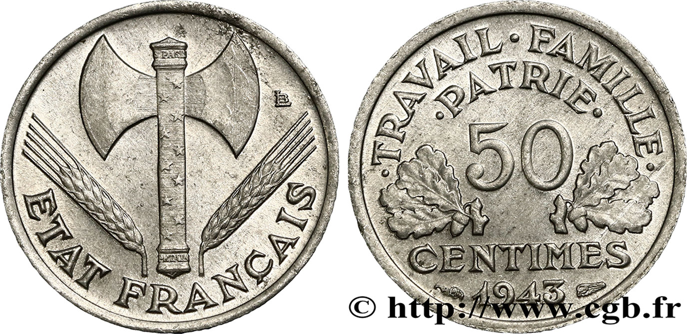 50 centimes Francisque, légère 1943 F.196/2 SUP55