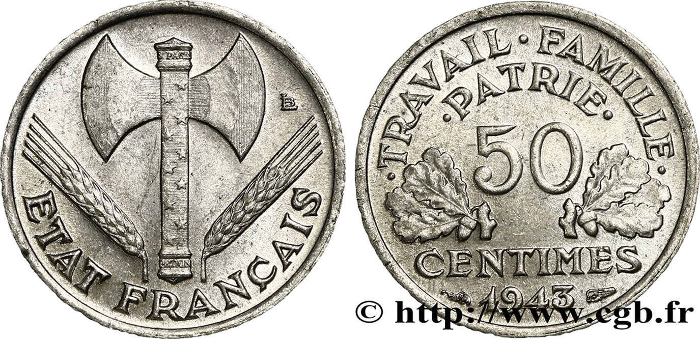 50 centimes Francisque, légère 1943  F.196/2 SUP58 