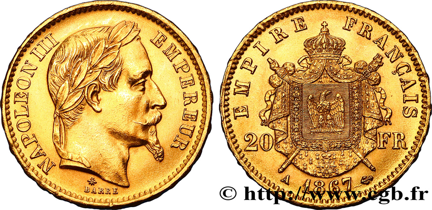 20 francs or Napoléon III, tête laurée 1867 Paris F.532/15 MS63 