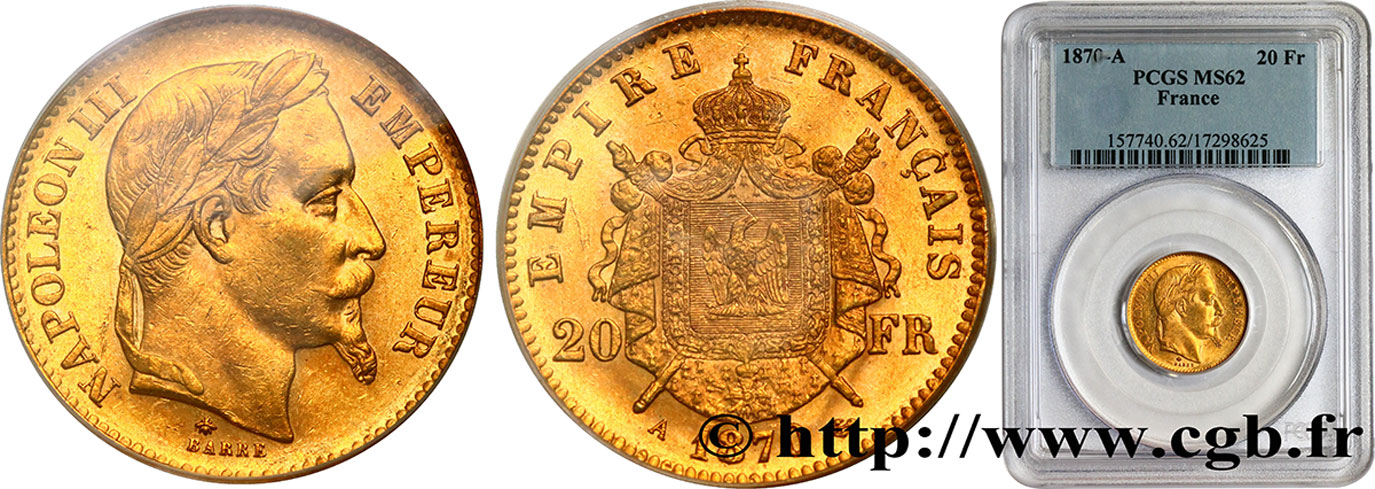 20 francs or Napoléon III, tête laurée 1870 Paris F.532/23 MS62 PCGS
