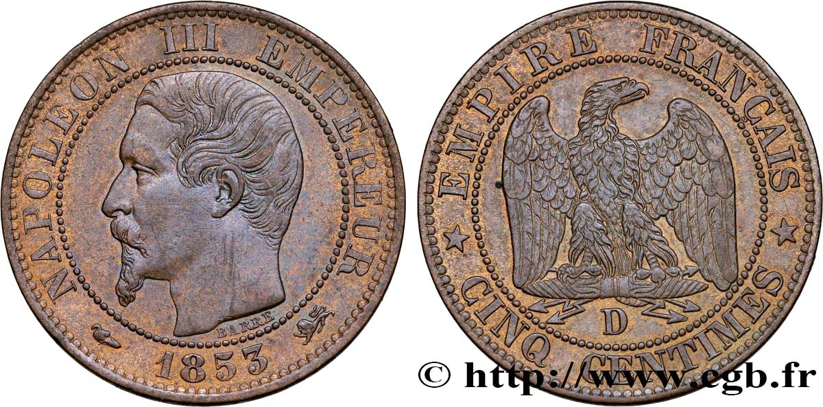 Cinq centimes Napoléon III, tête nue 1853 Lyon F.116/4 TTB45