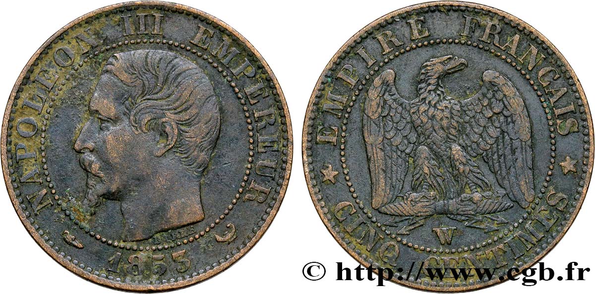Cinq centimes Napoléon III, tête nue 1853 Lille F.116/7 MBC40 