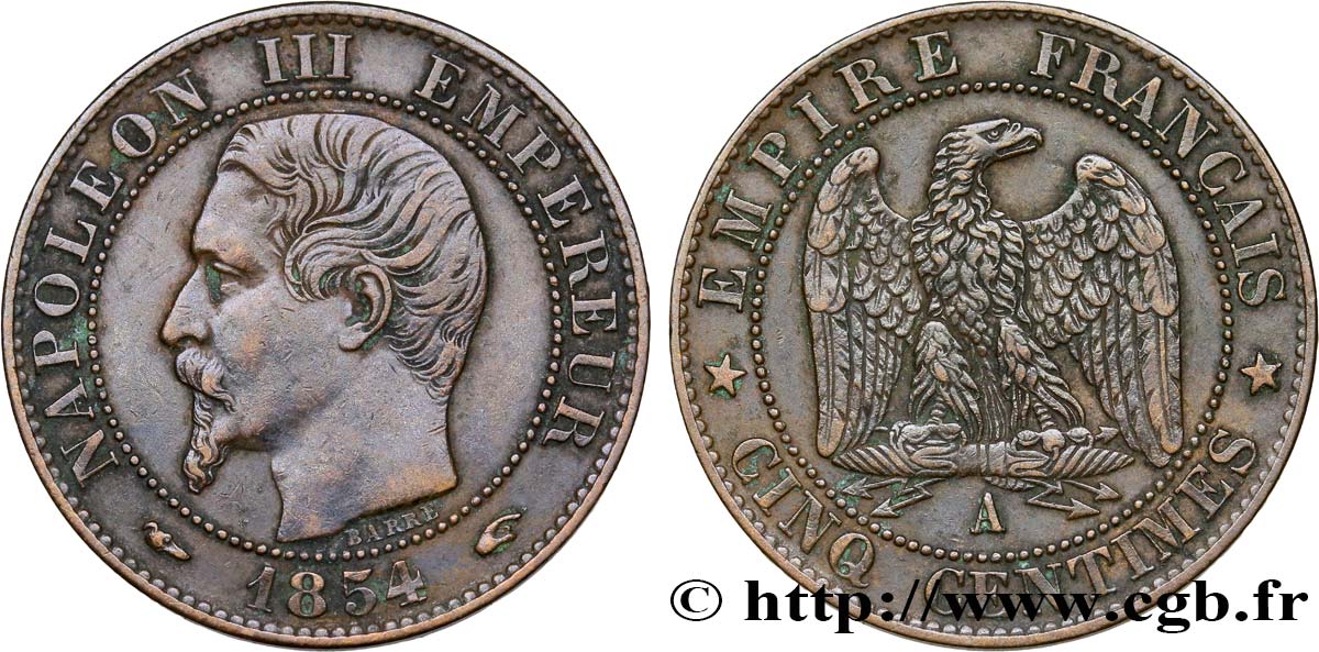 Cinq centimes Napoléon III, tête nue 1854 Paris F.116/8 TTB48