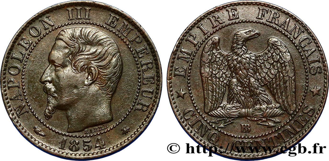 Cinq centimes Napoléon III, tête nue 1854 Strasbourg F.116/10 XF48 