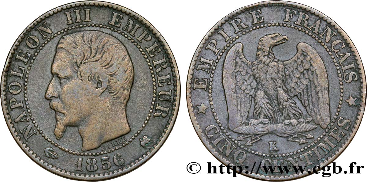 Cinq centimes Napoléon III, tête nue 1856 Bordeaux F.116/34 VF25 